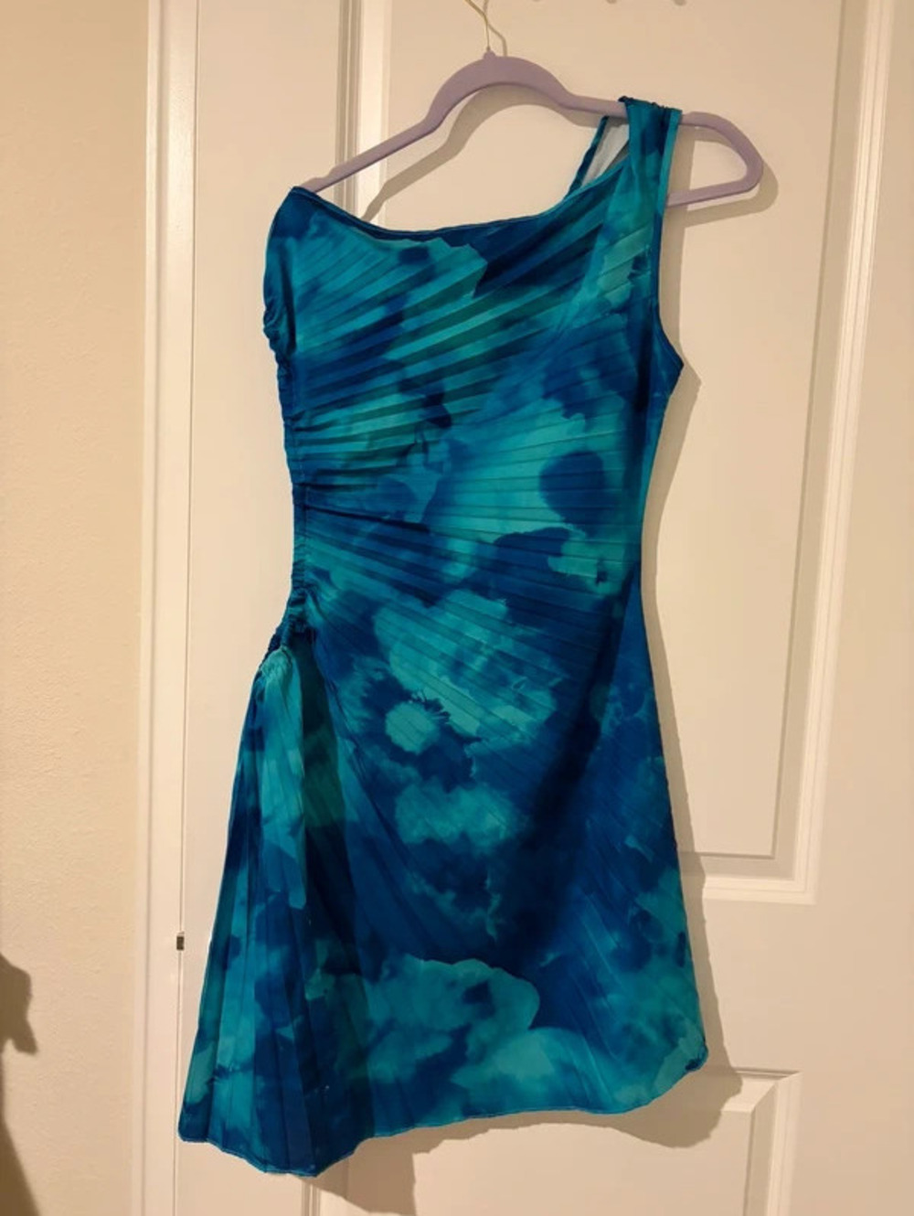 Blue One-Shoulder Pleated Mini Dress